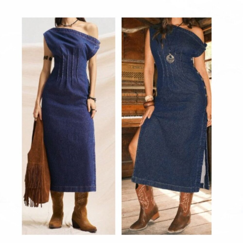 NEW Assymmetrical Neckline Grommet Denim Dress